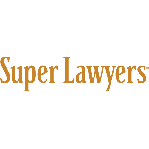 A graphic showcasing the Super Lawyers logo with a blue and gold color scheme, featuring the text "Super Lawyers" prominently in the center and the tagline "Rising Stars" below it, along with a star icon.